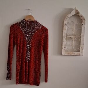 Elegant Red Leopard Print Sequin Bodysuit